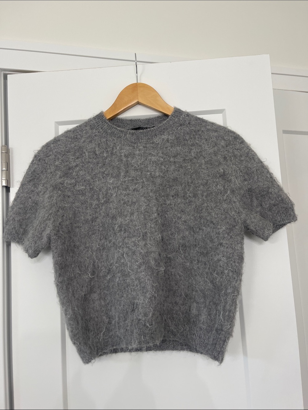 Zara Light Gray Fuzzy Knit Short Sleeve Sweater